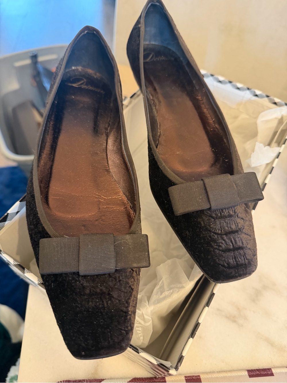 Vintage Delmar Parker Ebony Velvet Python Bow Flats Black US 7